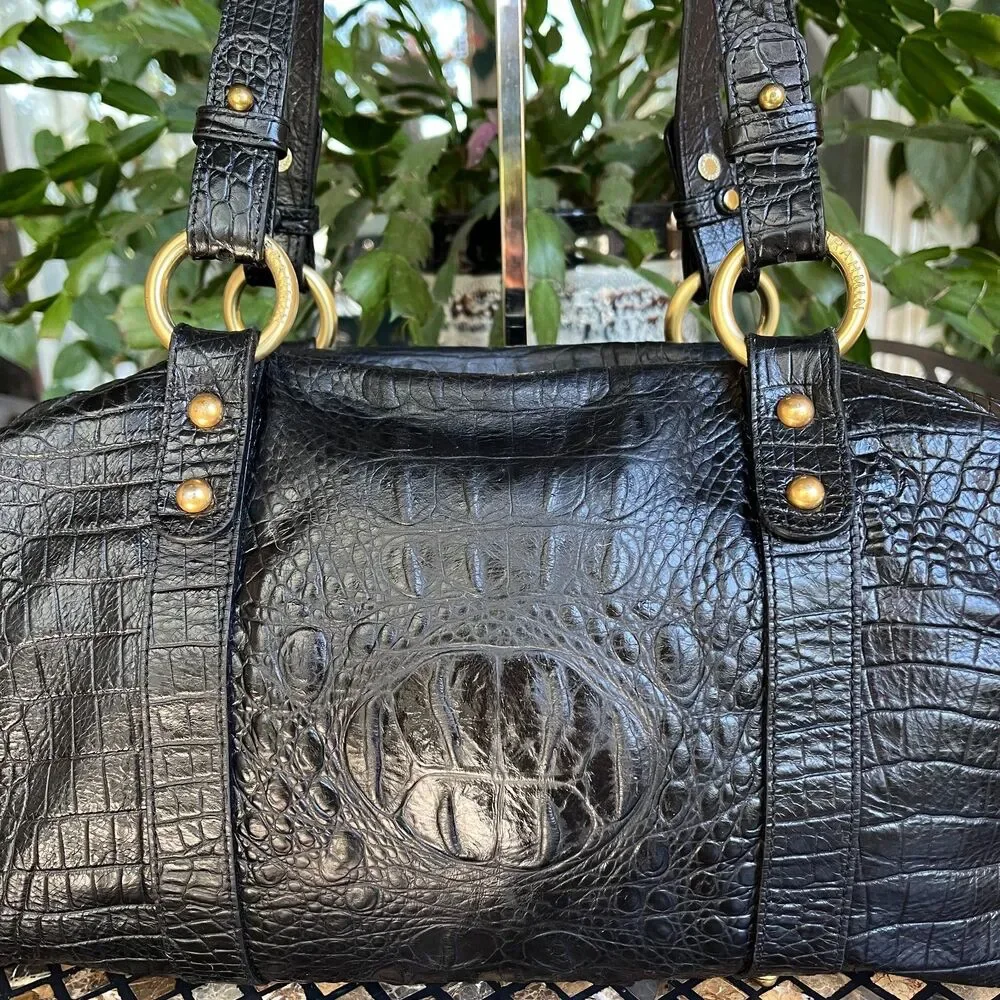 Brahmin Womens Croc-Embossed Melbourne Black Satchel Vintage Bag w/Eye